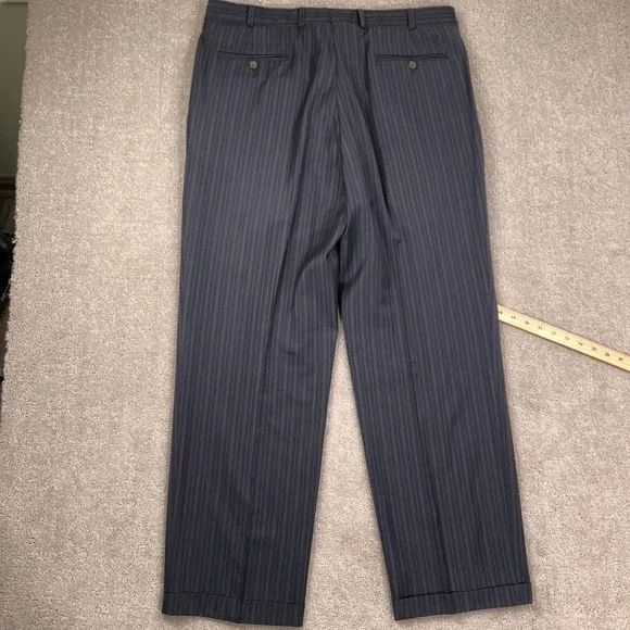 Stafford Executive Suit Mens 44L 36W 30L Navy Pinstripe 2 Button Office Wool